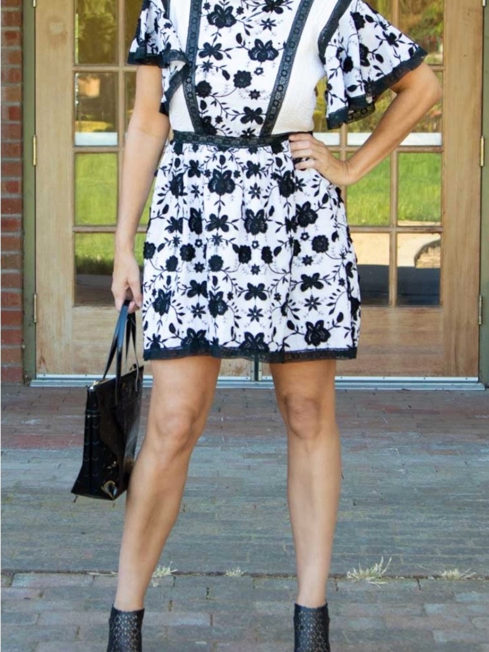 Joie White Dress with Black Floral Embroidery